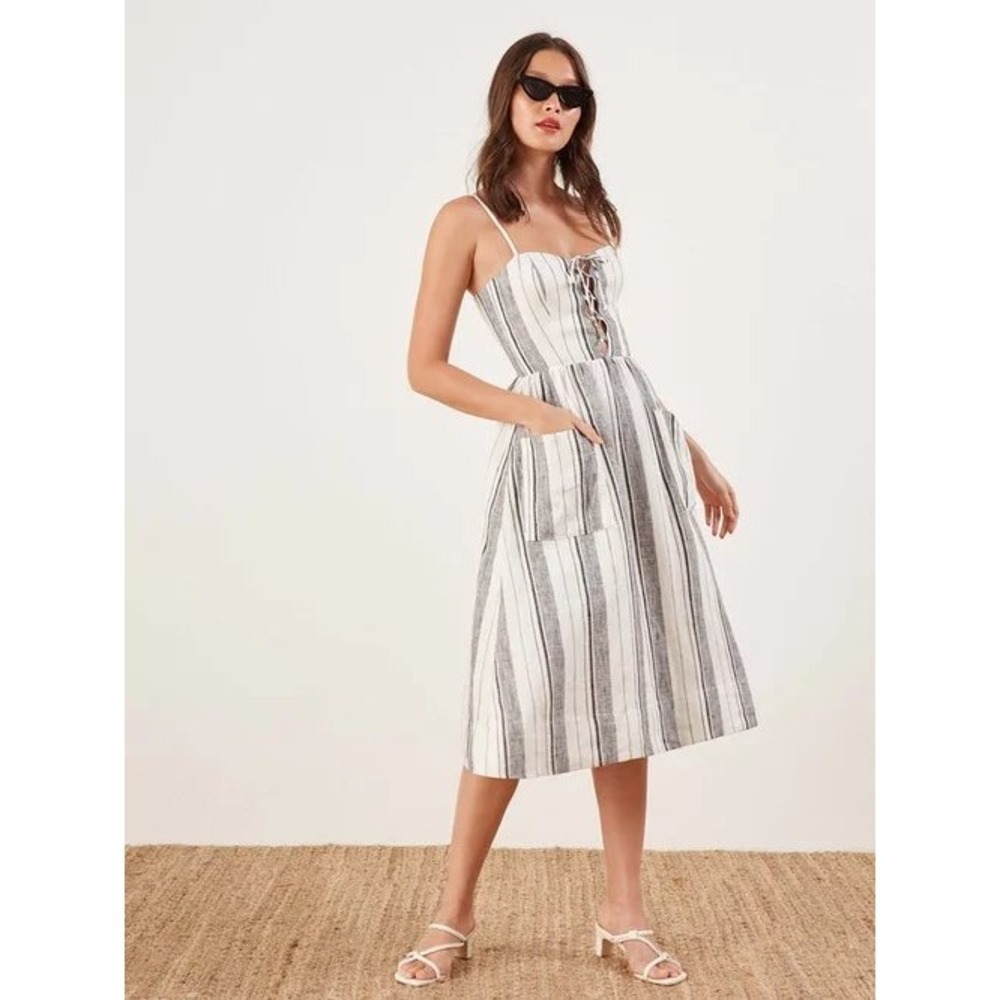 Reformation Ellen 100% Linen Midi Dress 4 Lace Up Front White Grey Stripe Beach